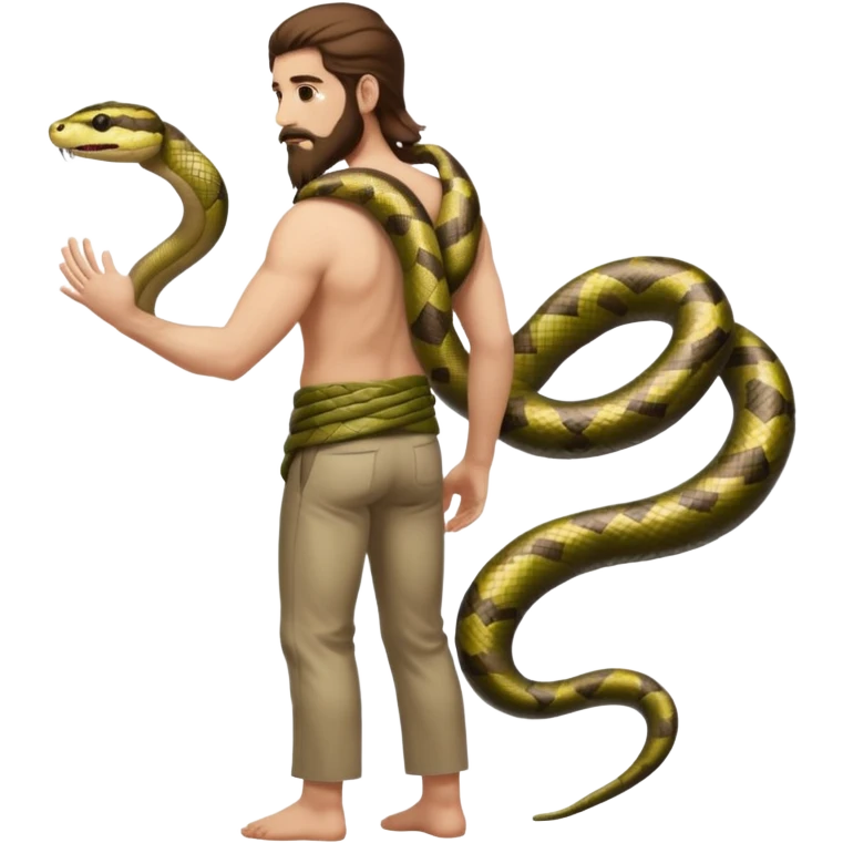 full body man long brown hair brown eyes medium beard white skin seen from behind, snake wrapped around arm and back emoji