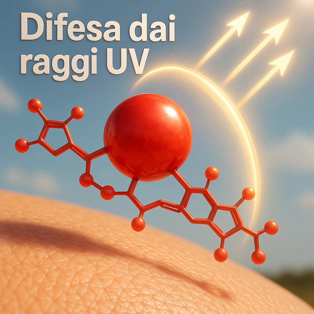 hyper realistic red astaxanthin molecule protecting skin from UV rays, red molecule above sun-exposed skin with glowing shield, positive atmosphere, realistic details, text 'Difesa dai raggi UV' emoji