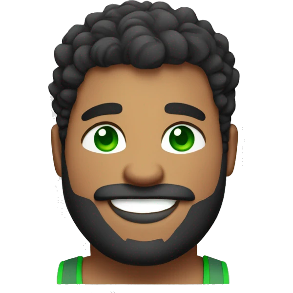 Chubby muscular male with a dark red beard and curly hair, green eyes and smiling emoji