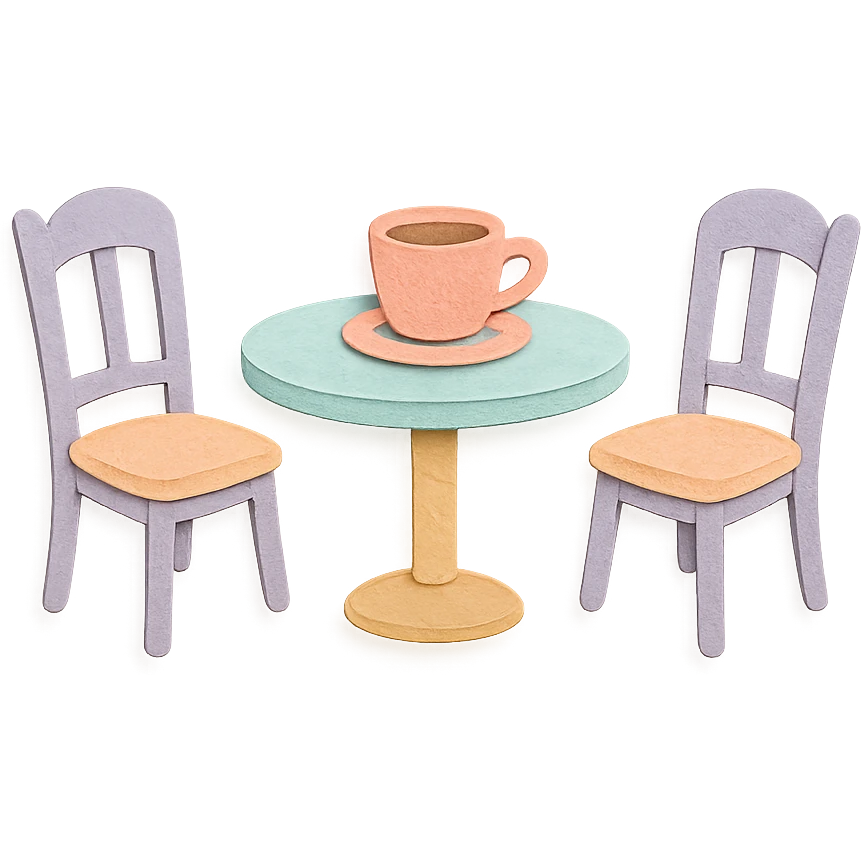 coffee shop table and two chairs, soft pastel hand-drawn illustration emoji