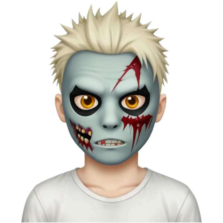 zombie boy with spiky emo hair and white shirt emoji and 

He wears an anonymous mask on half his face and has wounds on the other half. emoji