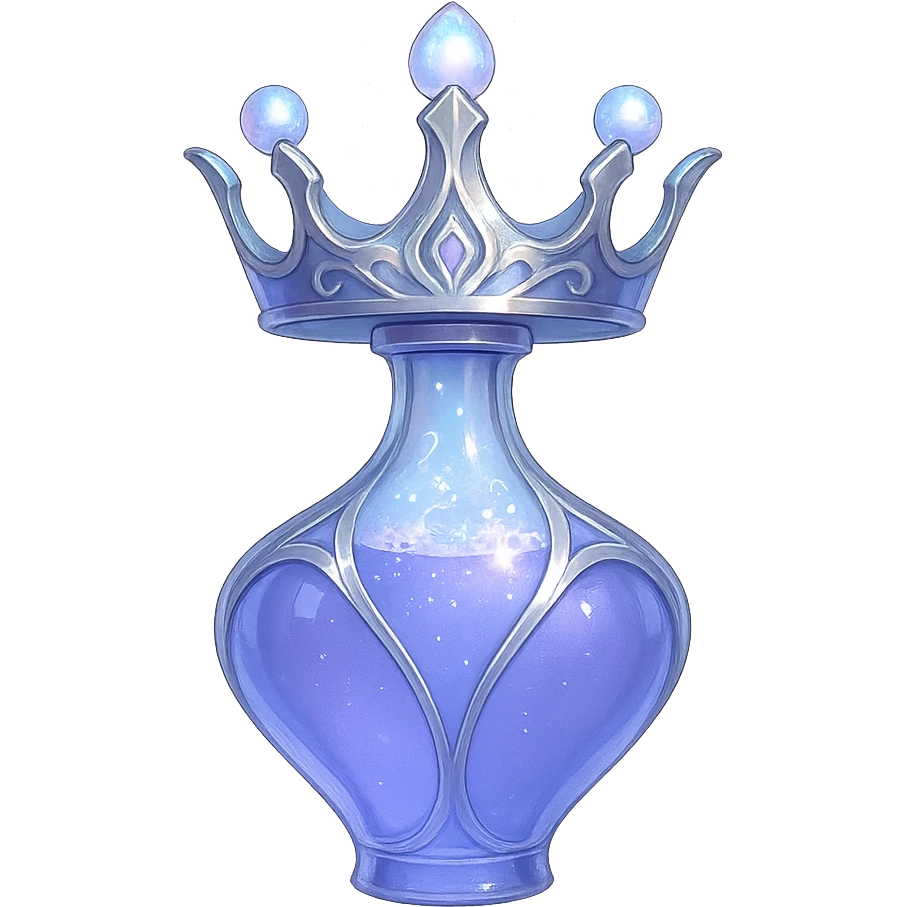 Make the crown into a magical elixir bottle while keeping the crown shape and color #7986cb. The bottom should transition into a bottle/flask shape. Add elegant silver and iridescent accents with magical glowing effects. The bottle should have a very small neck, seamless bottom, floating, transparent background, no base or shadow, modern style, fitting a luxury collection. emoji