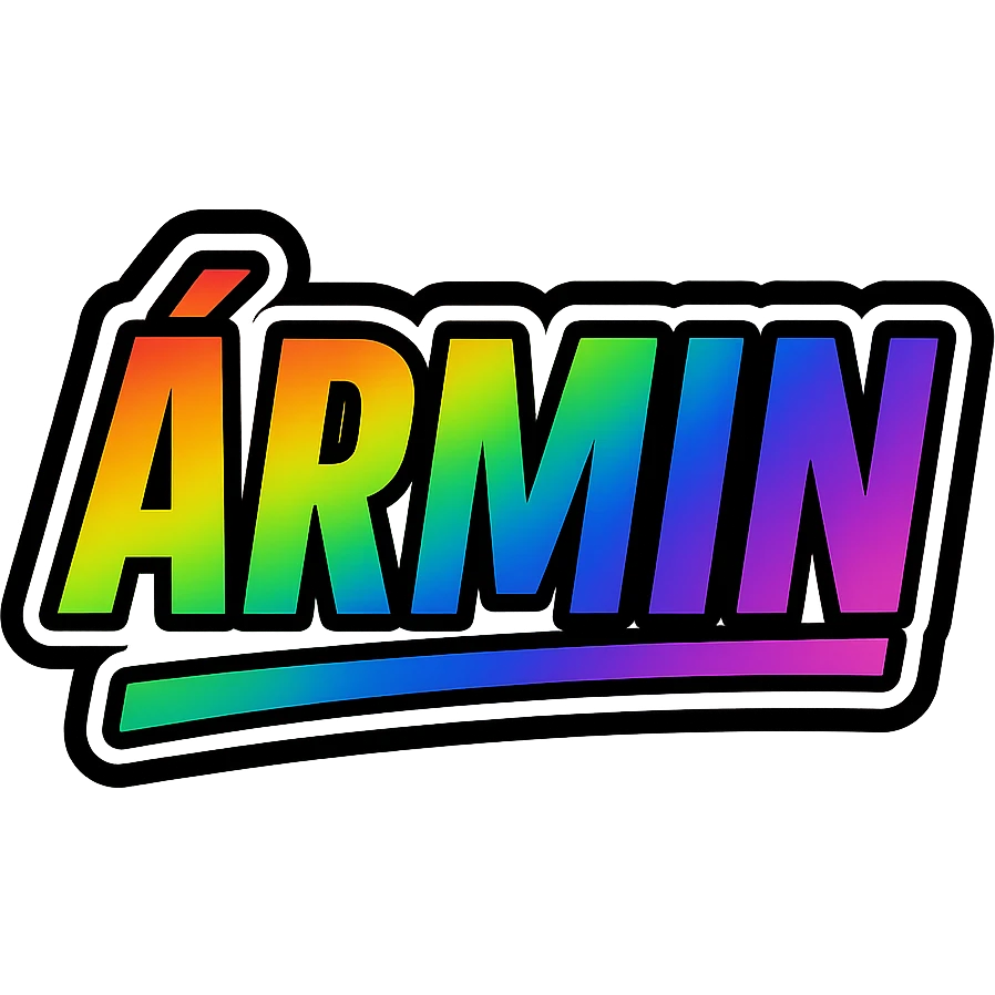 Ármin name in masculine, modern gradient font with precise Hungarian characters, dark outline, extra thick, prominent white letter border, dynamic slanted underline, rainbow gradient colors, 1000x1000 px, PNG, transparent background emoji