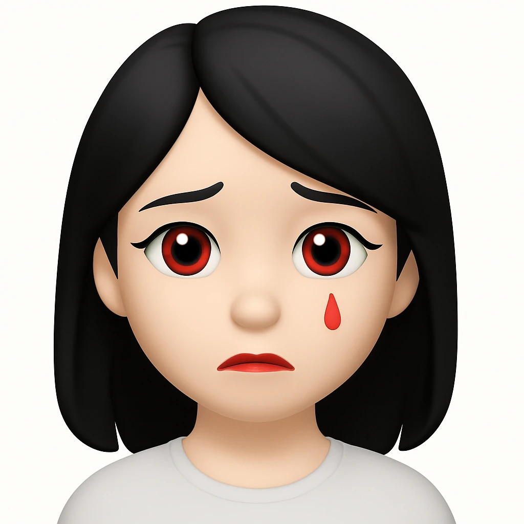 Make the character look like the official Apple emoji style. Replace the lots of blood with a single small red tear. Keep her pale skin, black straight hair, and a subtle sad expression. The style should mimic the Apple emoji style closely. emoji