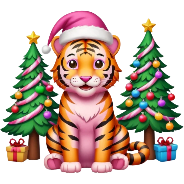 Smiling Pink tiger with Santa sitting by a brightly lit colorful Christmas trees and candy canes 🎁  emoji