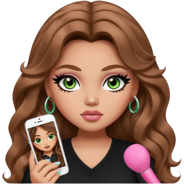  long wavy brown hair, light skin, light green eyes, pretty bratz baddie, black eyeliner, blush, plus size emoji