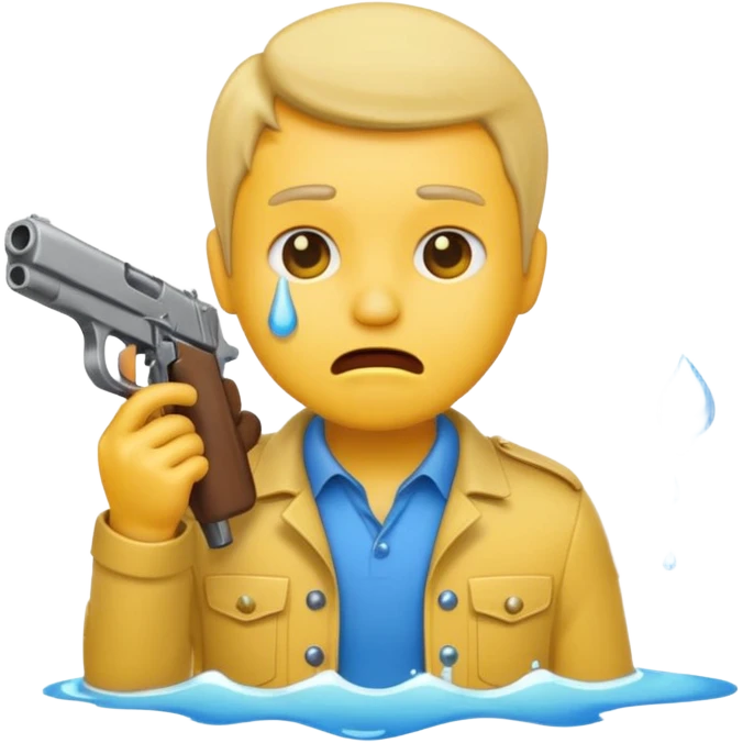 Make a yellow emoji of a guy holding a gun and the guns barrel is in his mouth while crying blue water emoji