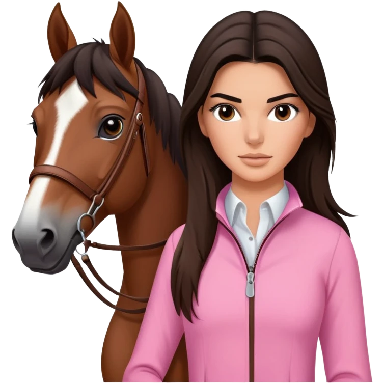 brunette Kendall Jenner with long hair holding and bay horse with a short black mane, a thin white stripe on the muzzle, brown eyes wear on pink riding clothes emoji
