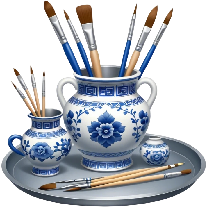 Metal painting icon, a metal vase with intricate designs in Gzhel and Chinese embroidery styles, placed on a metal tray, with three paintbrushes beside it, minimalistic style, clean lines, transparent background. emoji