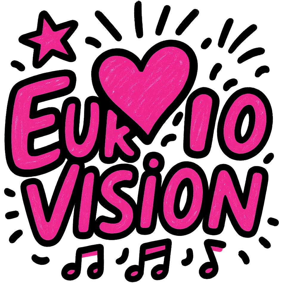 Eurovision logo reimagined in a bold pink color palette, with playful, energetic accents and a sense of celebration emoji