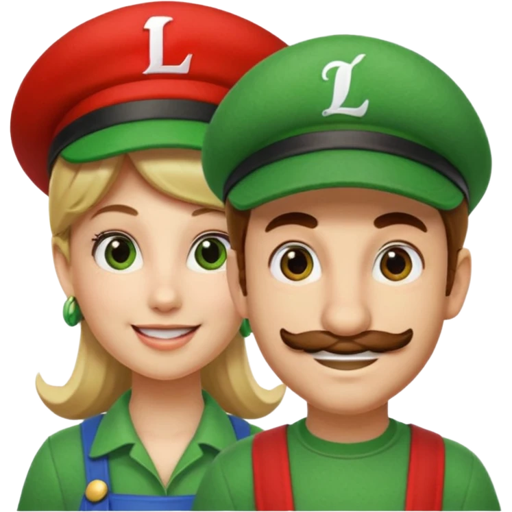blonde female Luigi (with the Luigi green hat with an L on it) and a normal brown hair male Mario with the red hat with a M on it. They are friends just smiling. This video game emoji