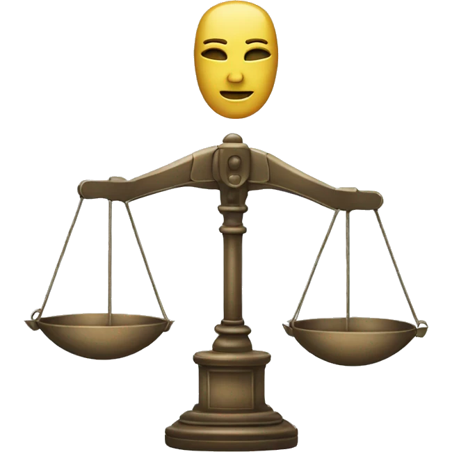 a balance of justice with a robot head on one side and a book on the other side emoji