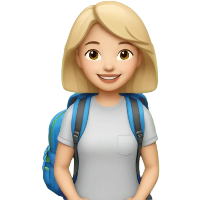 A 3D cartoon woman with a backpack smiling outdoors, surrounded by greenery, Memoji-style realism. emoji