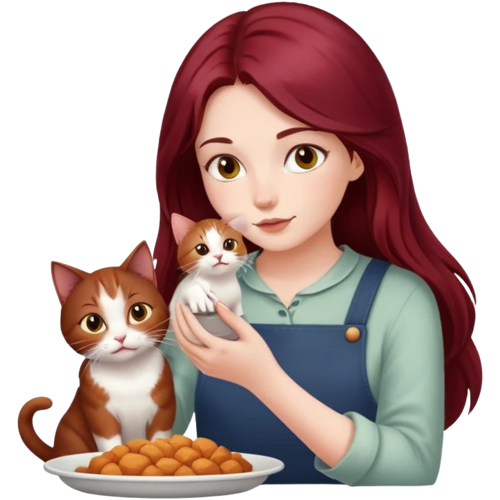 Beautiful, long, burgundy haired girl, feeding cat emoji
