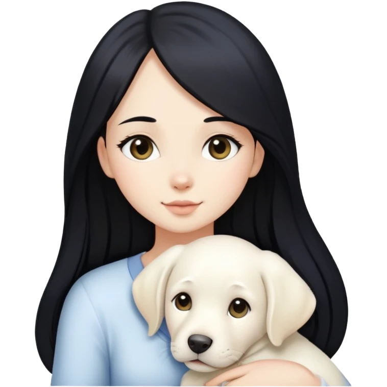 A beautiful girl with long black hair and fair skin is holding a white Labrador emoji