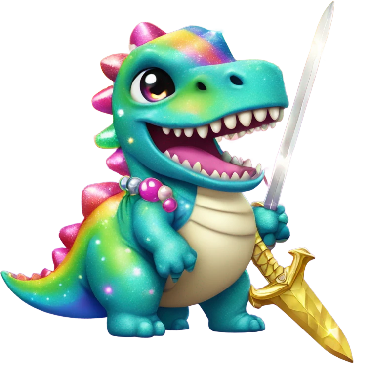 Lisa frank glitter rainbow cute dinosaur with sword and pearls emoji