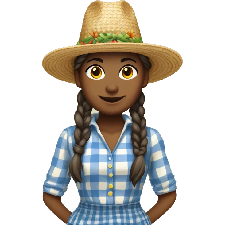 Festa Junina country woman with straw hat, braided hair, checkered clothes, dark white skin emoji