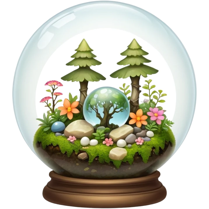 Mystical woodland glass-dome-terrarium-globe with moss inside, with marbles, with pebbles, crystals, with bones inside, and flowers inside  emoji