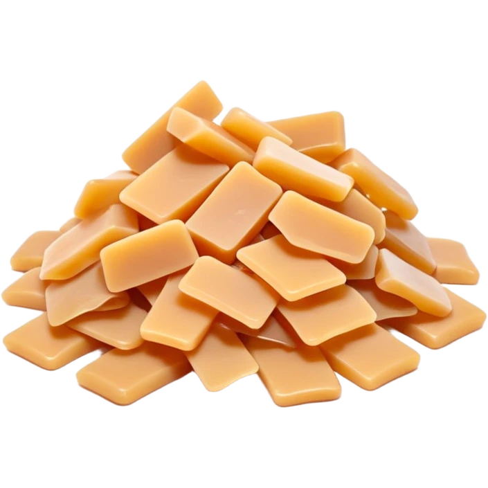 pile of thin, gently curled soap flakes in pale beige or amber, waxy matte surface, irregular hand-shaved look, lightweight twisted slivers, traditional soap, soft lighting, subtle shadows, emoji scale emoji