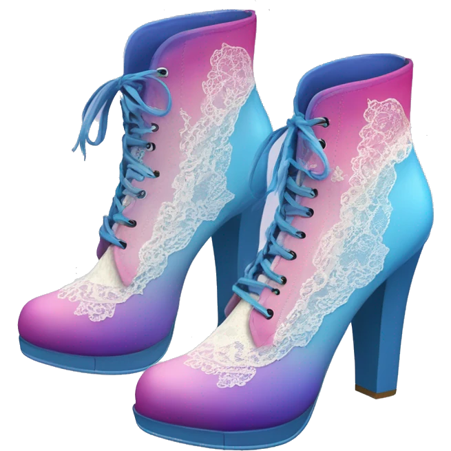 Realistic isolated top view of a pair of blue,sky blue,pink and purple ombre high heel ankle boots with white cream lace. emoji