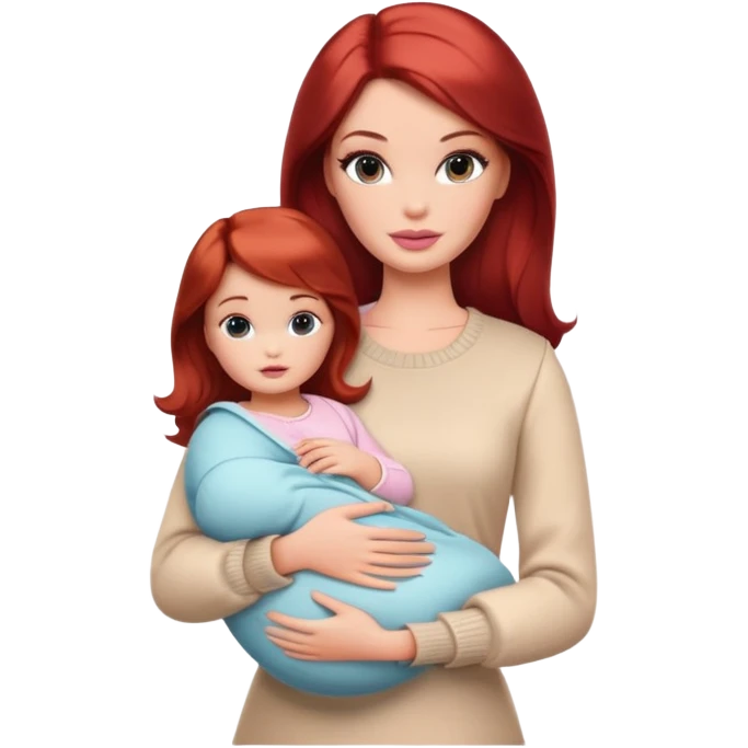 A barbie girl with makeup with dark brown hair long with a baby, a daughter, a girl with red hair, holding her hand in beige clothes emoji