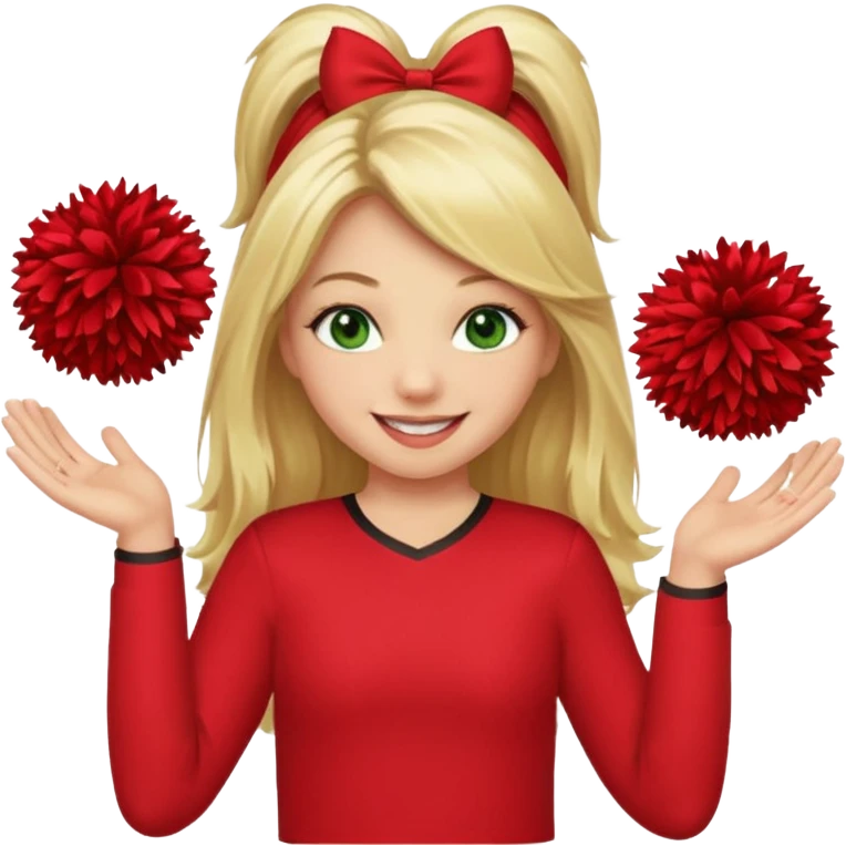 Girl with long blonde hair, smiling, holding one red pom pom in each hand, green eyes, red shirt, cheerleader emoji