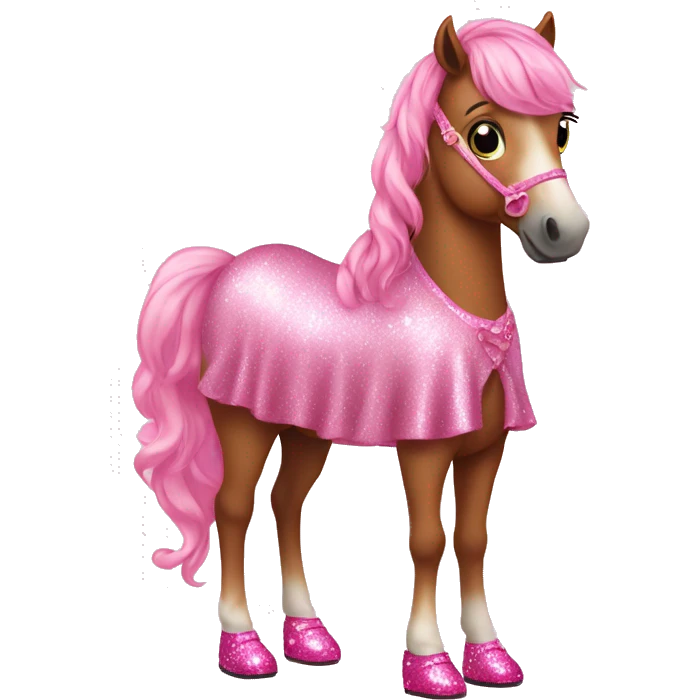 A horse wearing a cute pink glittery dress and pink shoes emoji