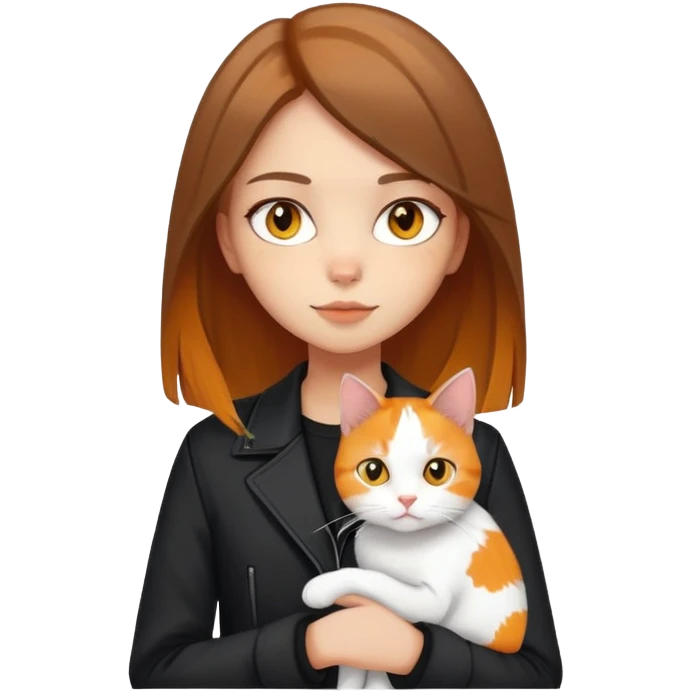 Light-skinned girl with brown straight hair wearing a black jacket, holding one pure white cat with bright yellow eyes and one calico cat with orange black and white patches emoji