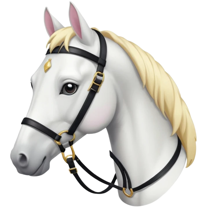 This is a cartoon-style image of a white horse with a light blond mane, wearing a black bridle, and shown in profile with a calm expression. emoji