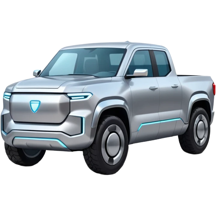 A futuristic electric pickup truck emoji, silver chrome body, angular cyber design, smooth metallic panels, subtle reflections, minimalistic proportions, iOS emoji style, centered composition, clean white background, soft lighting emoji
