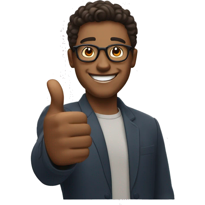 A man with glasses smiling broadly as he raises his thumb in a sign of joy and confidence. His glasses shine with flashes of happiness in the gif. emoji