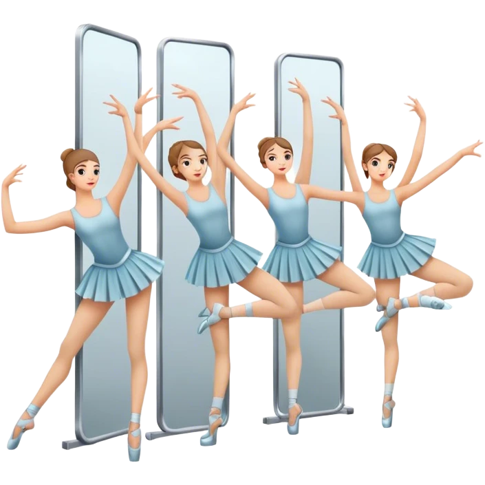 Icon for Choreography: a group of dancers in identical poses, standing by a wall with all wall long mirror, holding a long barre with one hand. The icon should capture the discipline and synchronized movement of dance training. Transparent background. emoji