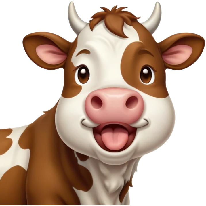 Cinematic Cute Yawning Brown and White Cow Portrait Emoji, Head tilted slightly with a dramatic, wide-open yawn, showcasing a smooth, patterned hide of brown and white, floppy ears slightly drooping, round brown eyes barely open in drowsy contentment, Simplified yet irresistibly adorable features, highly detailed, glowing with a soft, cozy glow, high shine, relaxed yet expressive, stylized with a touch of pastoral whimsy, bright and endearing, soft glowing outline, capturing the essence of a sleepy yet affectionate cow, so drowsy it feels like it could amble out of the screen and curl up for a nap! emoji