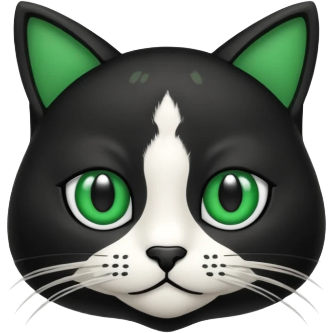 crie uma imagem de um gato preto com uma mancha branca no peito o gato tem olho verde  tudo no estilo de animação emoji