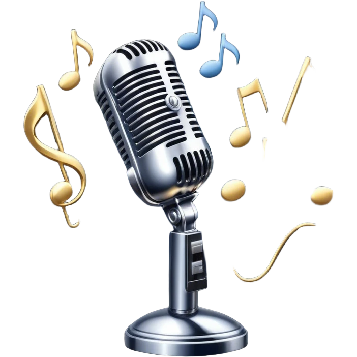 Create a dynamic and atmospheric emoji representing jazz vocal performance. The design should feature a classic, vintage microphone surrounded by flowing musical notes and soft, swirling sound waves to capture the smooth, improvisational essence of jazz. The microphone should have an old-school chrome finish, with subtle highlights that suggest its iconic, timeless quality. Include a background hint of a dimly lit jazz club or smoky stage to set the mood. Use deep, moody colors like midnight blue, gold, and black to evoke the intimate, soulful vibe of jazz vocals. The background should be transparent. emoji