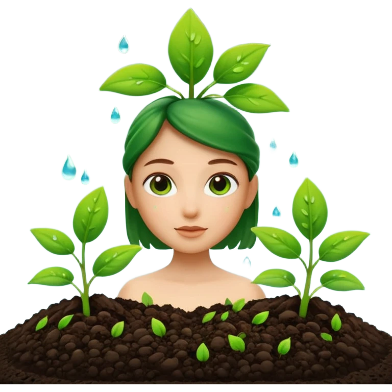 A 3D cartoon view of small green seedlings sprouting from dark soil, soft sunlight, water droplets on leaves, minimal background, realistic Memoji-style look. emoji