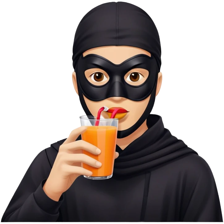 Masked man in dark clothing holding and drinking from a juice box with a straw, comical contrast between serious masked appearance and innocent juice emoji