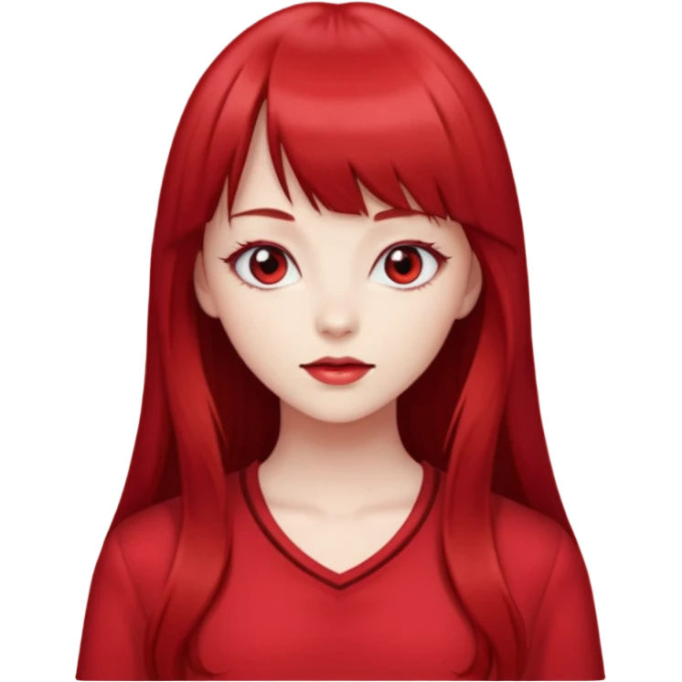 beautiful girl with red velvet long hair and straight bangs, red eyes and red clothes emoji