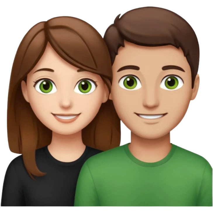 A boyfriend with light brown hair and green eyes next to his girlfriend with dark brown hair and brown eyes emoji