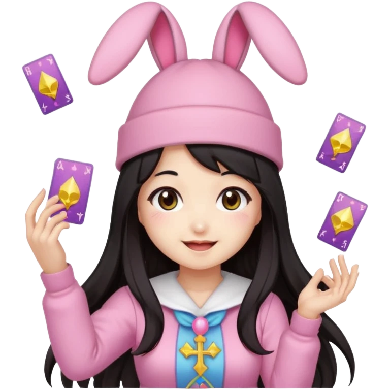 pixel art chibi asian girl with dark long hair in pink bunny ears hat magical girl with kawaii tarot cards thrown in air pixel emoji emoji