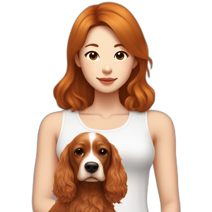 korean woman with long dark brown hair in a white singlet sits with ginger colour cocker spaniel emoji