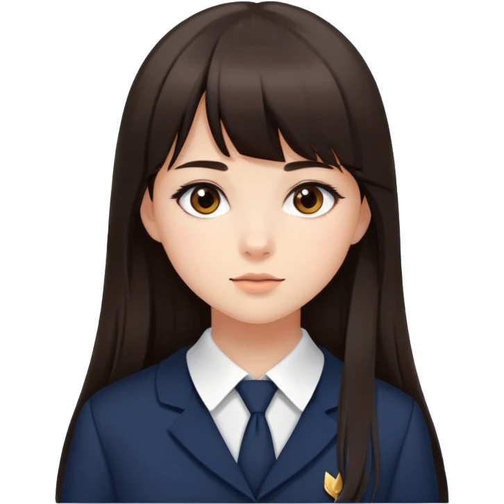 Girl in elegant school uniform with dark brown bangs, long straight hair, minimal makeup, attractive expression emoji