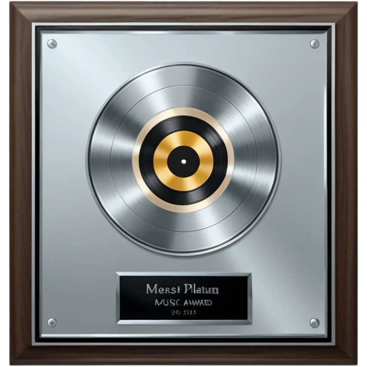 A platinum music award plaque: a square, polished platinum plate with a subtly textured, mirror-like finish, mounted on a simple dark wood base. The center features a relief of a or stylized vinyl record in a slightly darker metallic tone.  emoji