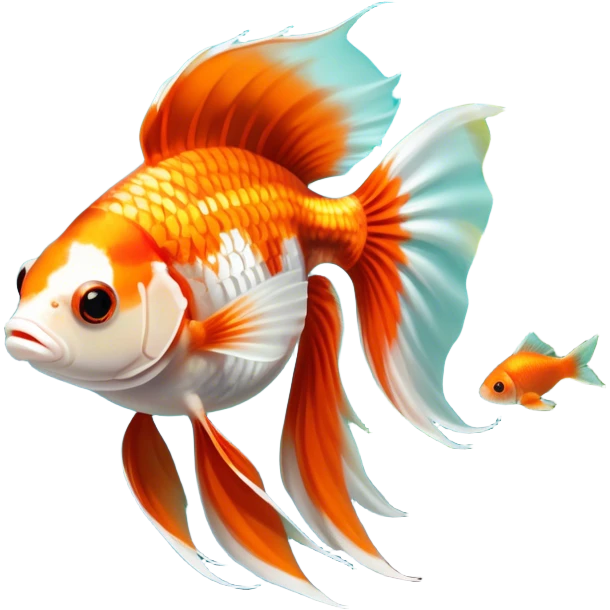 Large aquarium fish like veil tails and lionhead goldfish swimming gracefully in a beautifully decorated aquarium. Colorful aquatic plants, smooth rocks, and gentle bubbles surround the fish. The water shimmers in sunlight, creating a peaceful and vibrant underwater scene. Transparent background. emoji