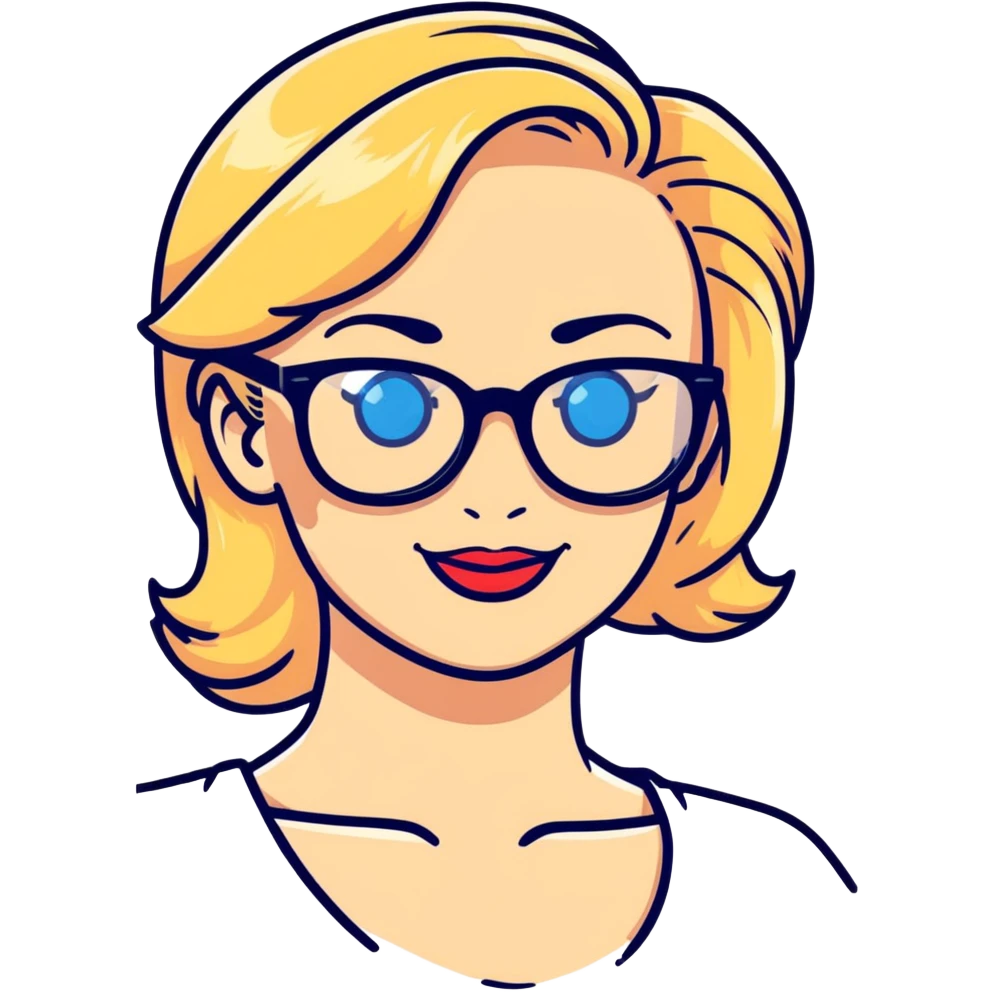 smiling blonde pinup, blue eyes, black glasses emoji