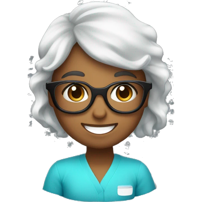 científica, morena de cabello negro ondulado recogido con una cola, con lentes, sonriente, con bata de laboratorio blanca, y su scrups sea de color celeste emoji