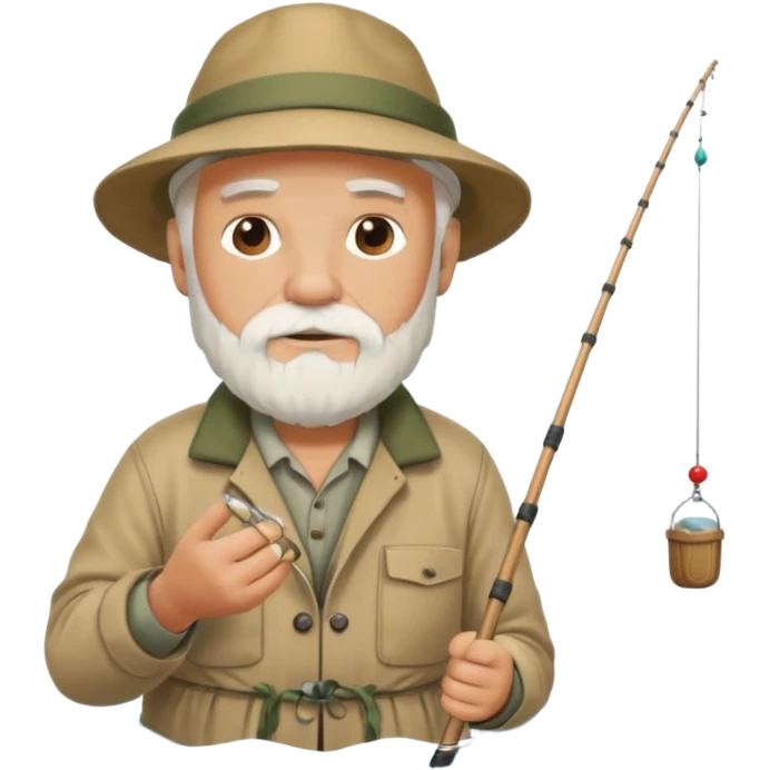 an old white haired, bearded man in fisherman attire, sat in a big boat on the ocean, casting a fishing line into the water emoji