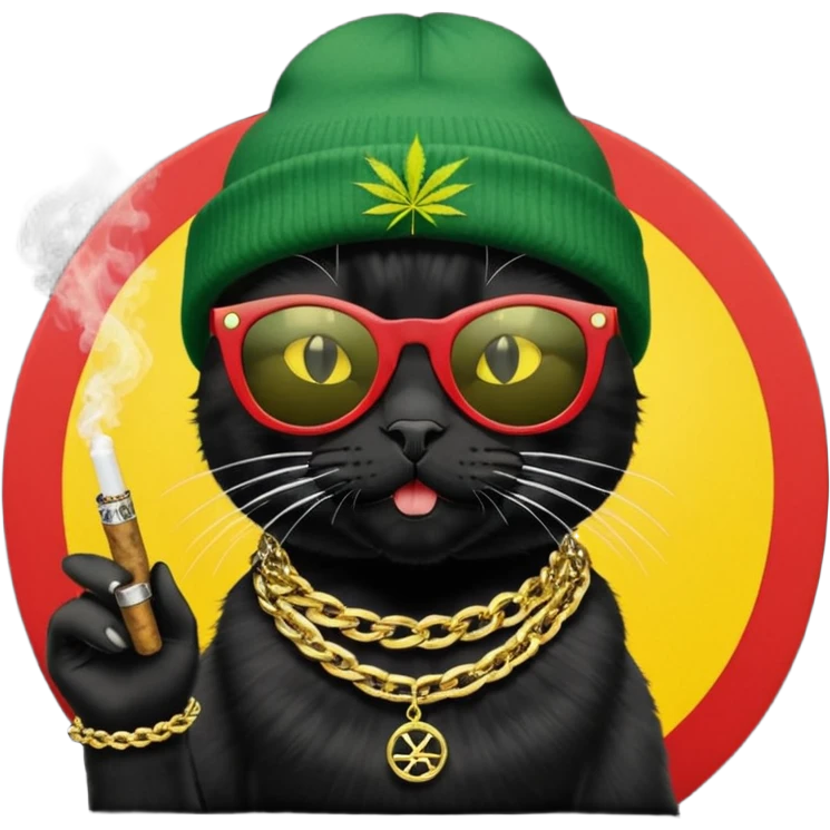 A black cat wearing the deal with it shades and a rasta beanie and smoking a joint and wearing a gold chain that says 420 and the words High Time at the top of the image emoji
