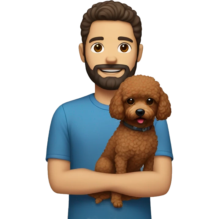 white guy with dark hair and beard holding brown toy poodle emoji