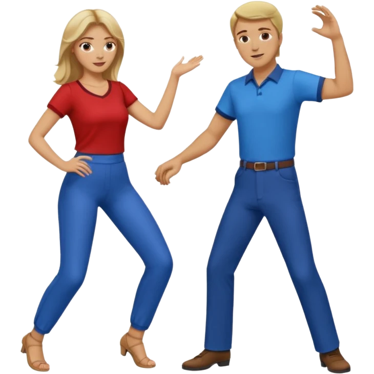 Two people dancing. Man in red shirt and pants with brown hair. Women in blue shirt and pants with blond hair. emoji